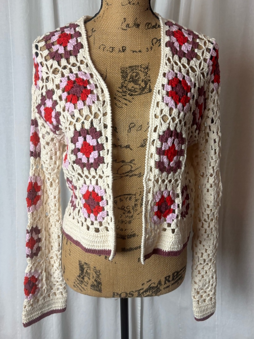 NWT Wild Fable Crochet Granny Square Open Front Cardigan Ivory Pink Purple Sz M